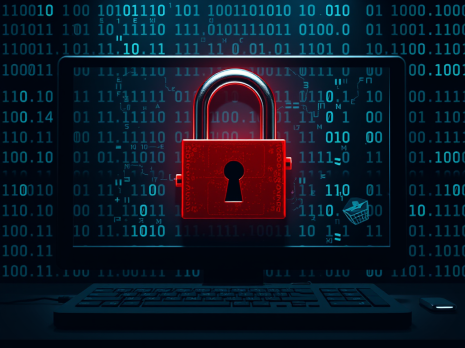 Cadeado vermelho em frente a uma tela de computador, simbolizando o ataque ransomware.